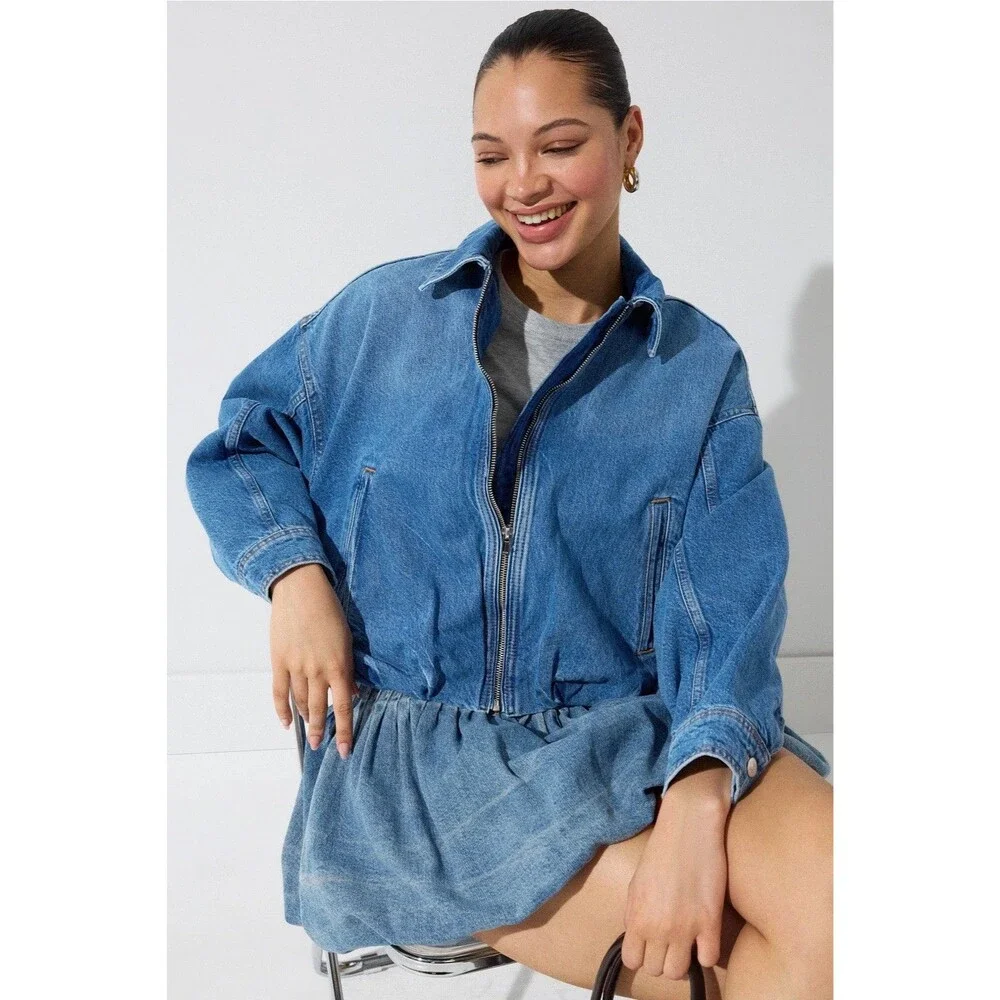 Maje Women’s Denim Bubble Hem Jacket Size 2 (US M) Blue Jean Zip Up NWT